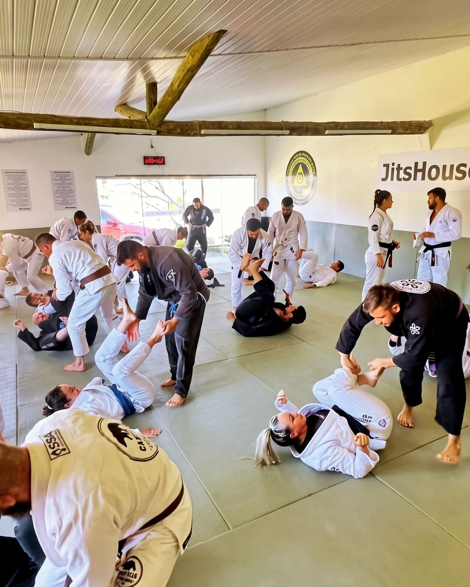 Open mat cheio no tatame da Jitshouse, dezenas de atletas treinando em duplas sob o painel da casa.